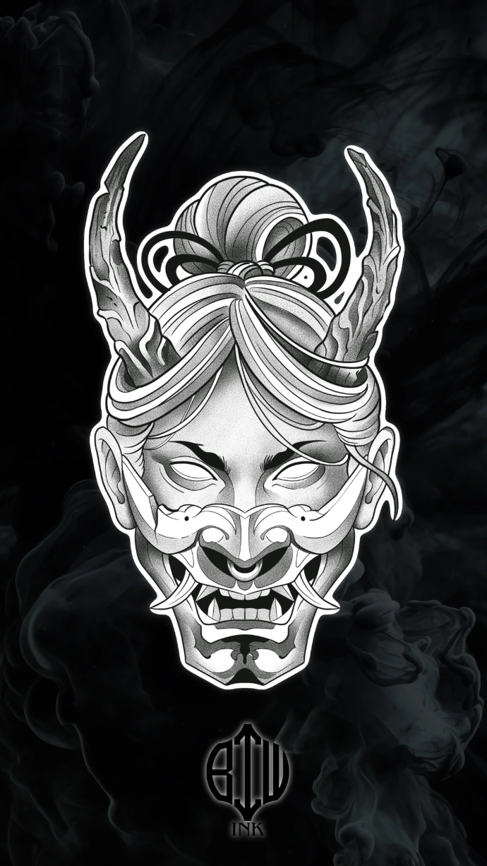 tatouage flash disponible masque oni femme japonnaise 